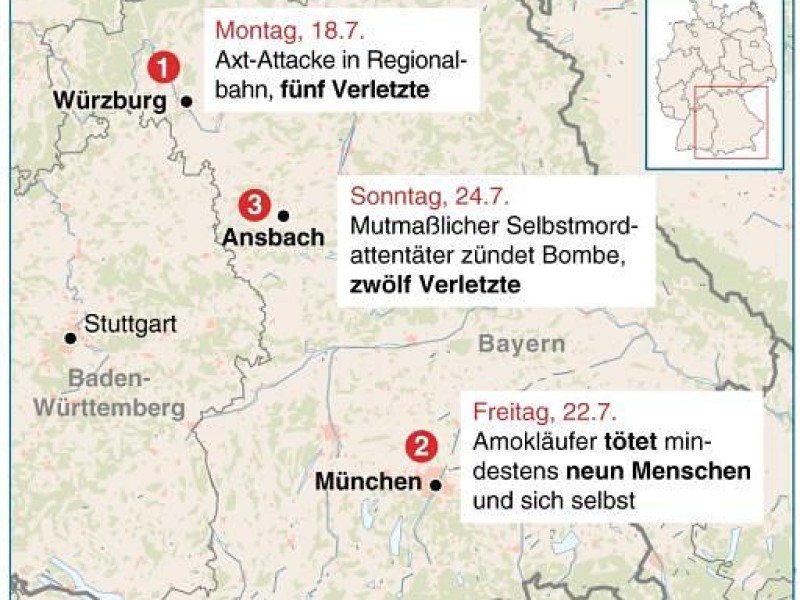 Eine Woche der Gewalt in Bayern: Würzburg, München und Ansbach wurden innerhalb weniger Tage Ziele von Gewalttaten.