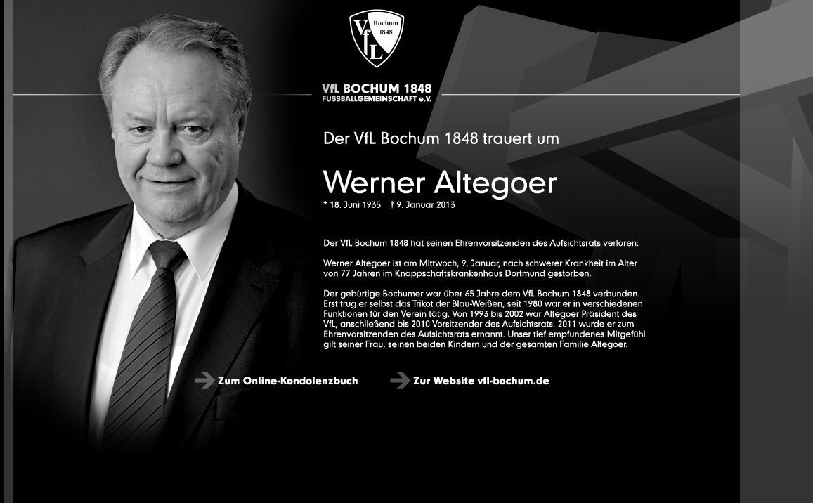 Auf der offiziellen Homepage des VfL Bochum können Fans des Vereins nach dem Tod von Werner Altegoer kondolieren. 