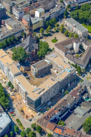 Großbaustelle Kreuzeskirchviertel: Im Gebäude-Komplex der Kastanienhöfe werden künftig die Allbau-Hauptverwaltung, Mietwohnungen, Appartements für Studierende, Büros, eine Kita für rund 70 Kinder und Gastronomie untergebracht.