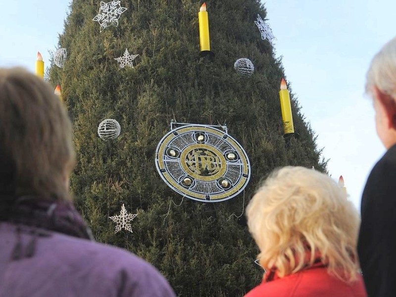 Die Riesentanne auf dem Weihnachtsmarkt wurde am Donnerstag, 24. November 2011, mit einer großen Nachbildung der Meisterschale geschmückt.Foto: Franz Luthe