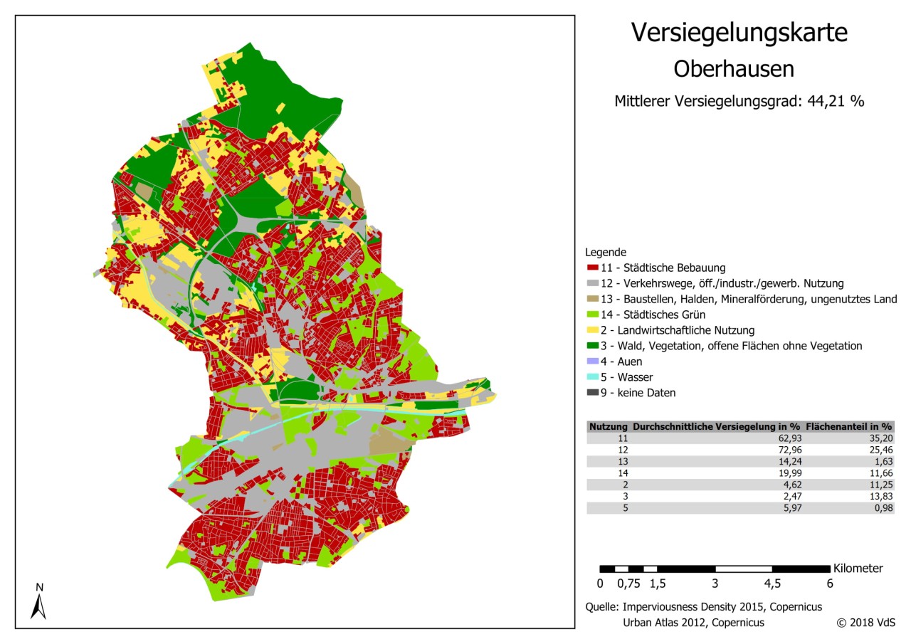 Die Karte zeigt die verschiedenen Versiegelungsgrade der Stadt Oberhausen.