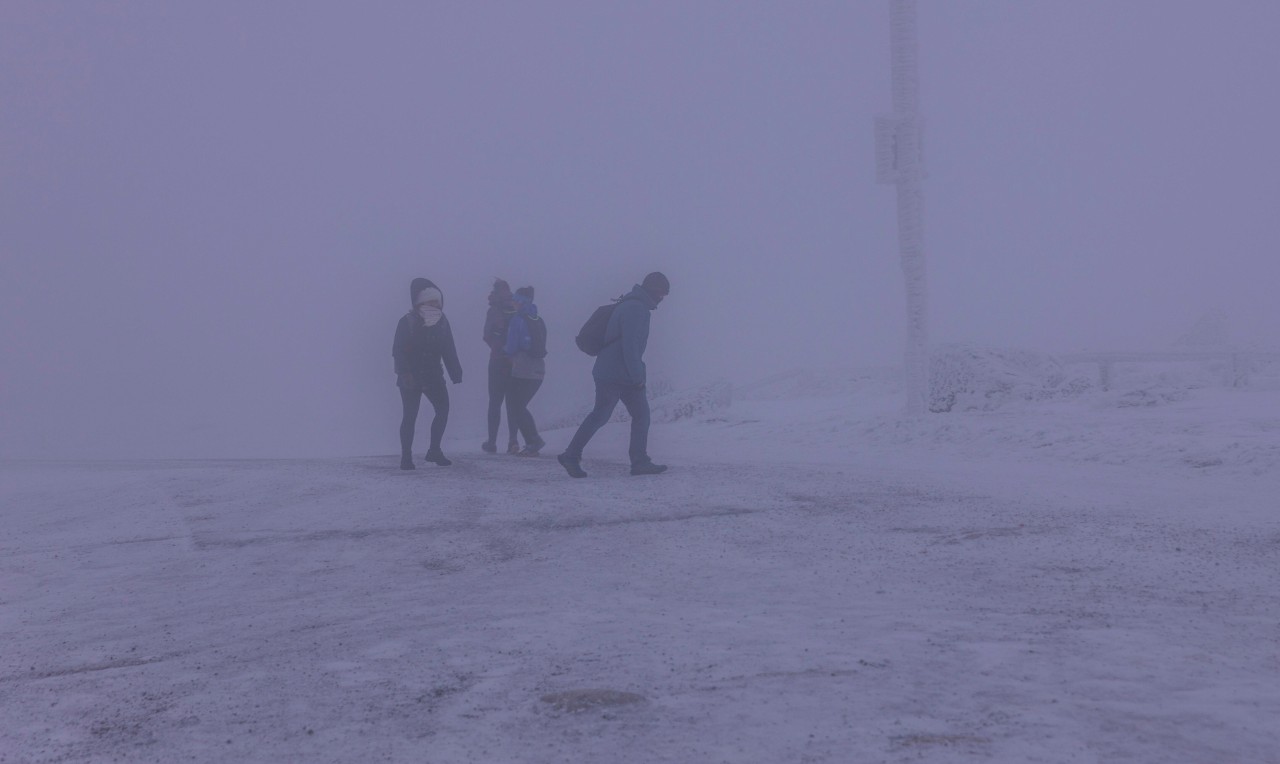 Eine Familie will dem Sturm trotzen und wandert im Harz den Brocken hinauf. (Symbolbild)