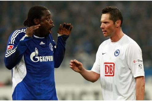 Gerald Asamoah (Schalke, li.) erschreckt vor Pal Dardai (Hertha).