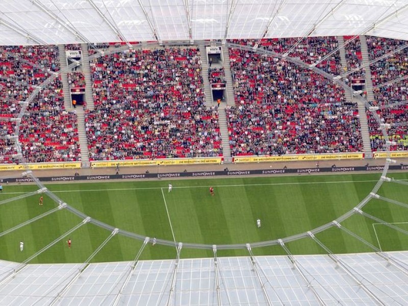 Luftbild, BayArena, Bay-Arena, Bayer Leverkusen gegen FSC Mainz 2:2, Fussballstadion, Bundesliga, Fansblocks,  Leverkusen, Rheinland, Nordrhein-Westfalen, Deutschland, Europa