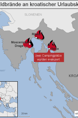 An Kroatiens Küste stehen große Waldgebiete in Flammen.