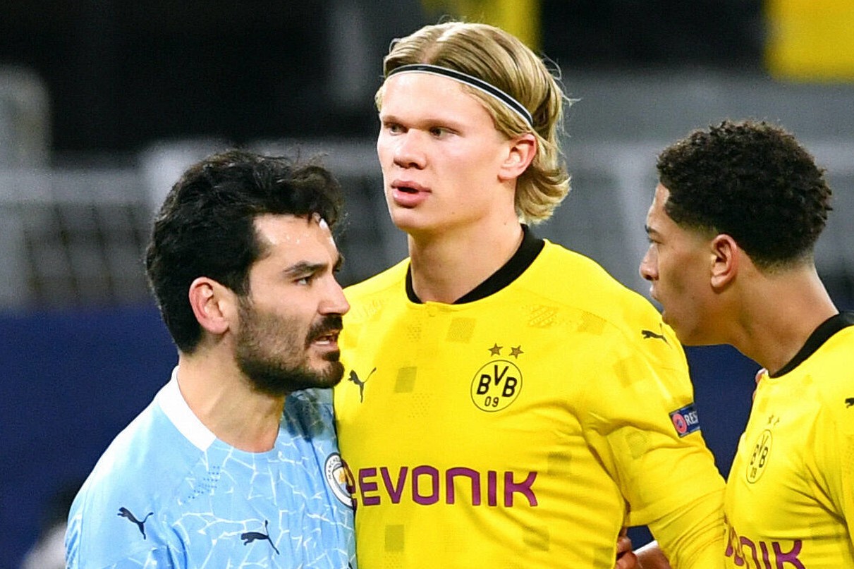 Diesmal gemeinsam gegen Borussia Dortmund: Erling Haaland (m.) und Ilkay Gündogan (l.).