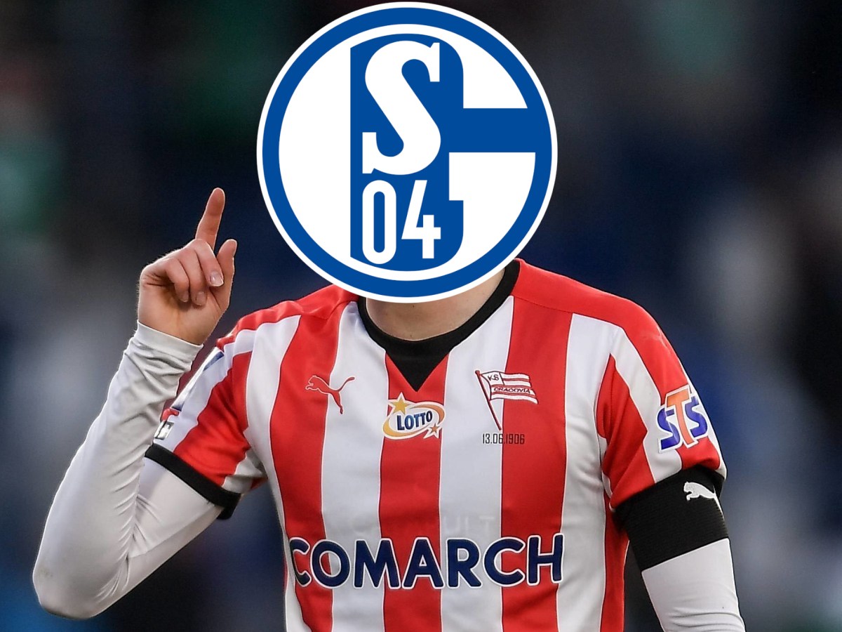 Pelle van Amersfoort zeigt auf das Wappen des FC Schalke 04.