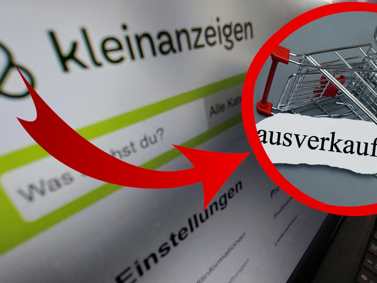 Auf einem Notebook ist Kleinanzeigen geöffnet. Ein Pfeil zeigt auf einen Zettel mit "Ausverkauft"