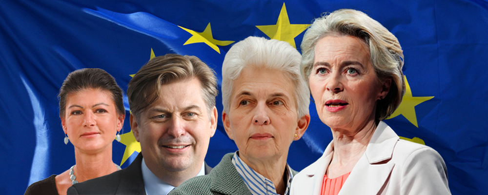 Titelbild zur Europawahl-Themenseite in Form einer Kollage aus Wagenknecht, Krah, Strack-Zimmermann und Von der Leyen vor einer Europaflagge