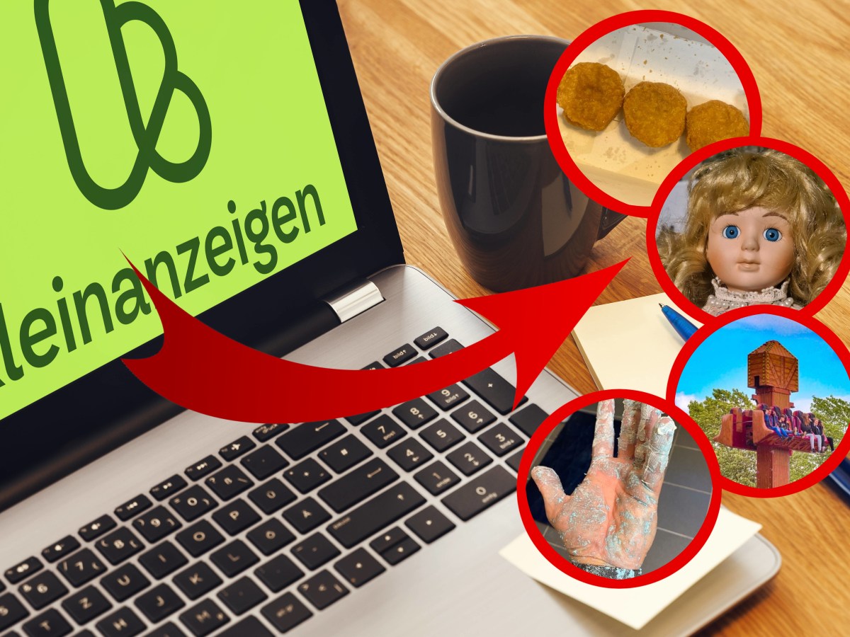 Auf einem Laptop ist Kleinanzeigen geöffnet. Ein Pfeil weist auf mehrere kuriose Artikel wie Chicken Nuggets, einer Puppe oder einem Free-Fall-Tower.