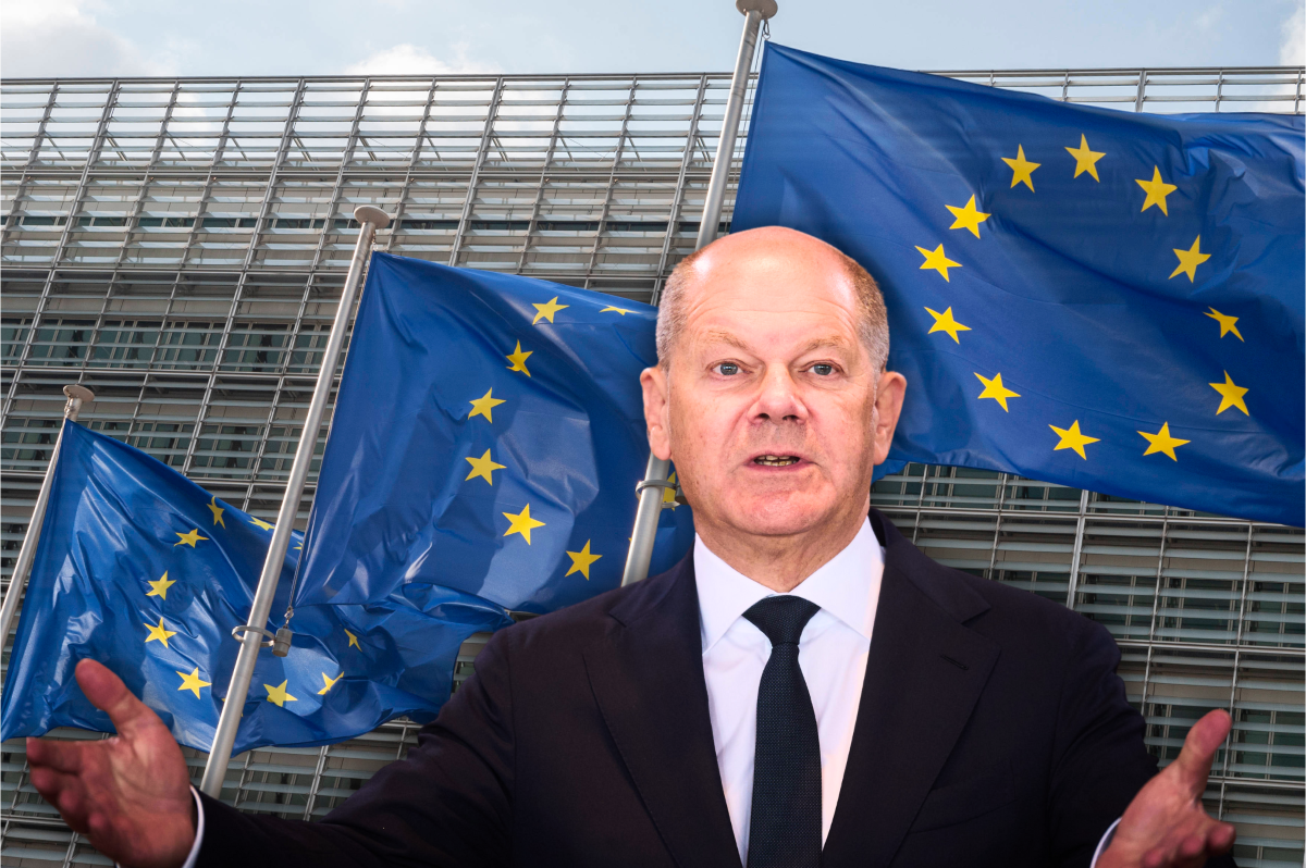 Olaf Scholz vor dem EU-HauptgebÃ¤ude in BrÃ¼ssel.