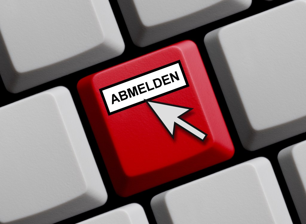 Auf einer weißen Tastatur ist eine Taste rot und zeigt einen Cursor, der auf einen "Abmelden"-Button klickt.