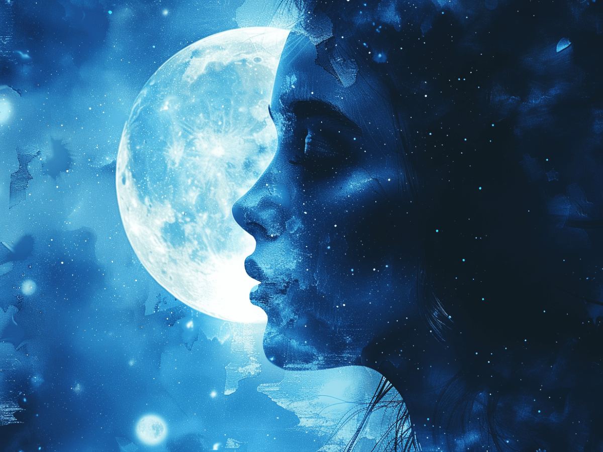 Frau vor dem Mond im blauen Universum