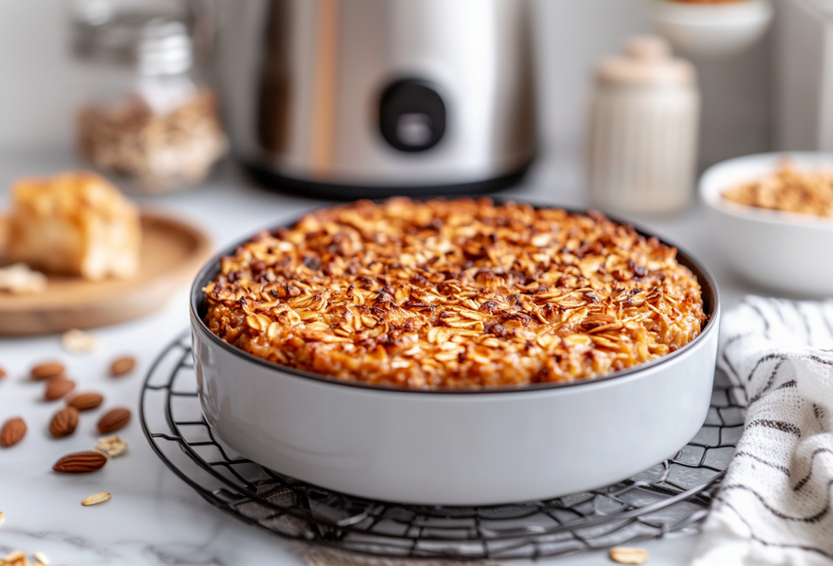 Baked Oats aus der HeiÃŸluftfritteuse in einer runden Form-. Im Hintergrund ist ein Airfryer.