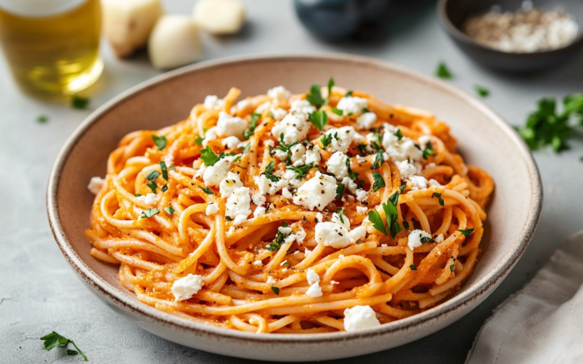 Eine SchÃ¼ssel Paprika-Pasta mit Feta.