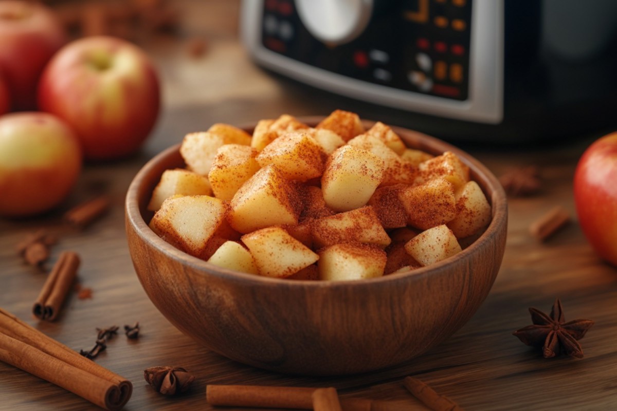 Ã„pfel aus dem Airfryer in einer SchÃ¼ssel. Im Hintergrund sind Ã„pfel und die HeiÃŸluftfritteuse zu sehen.