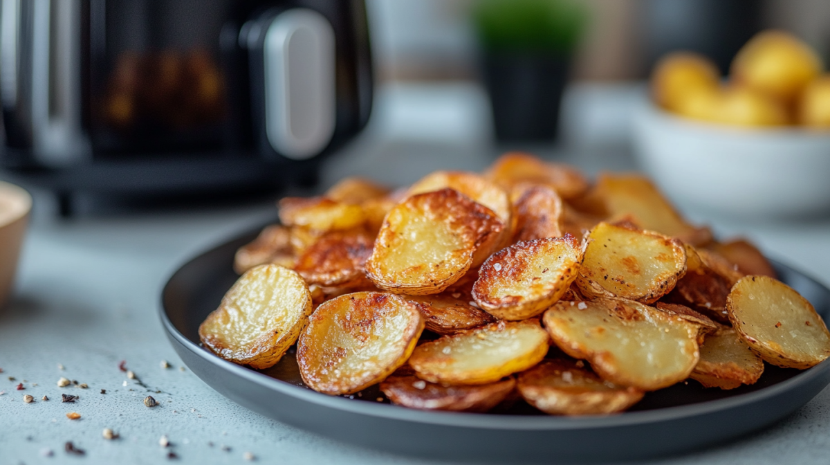 Bratkartoffeln aus dem Airfryer auf einem Teller. Im Hintergrund steht ein Airfryer.