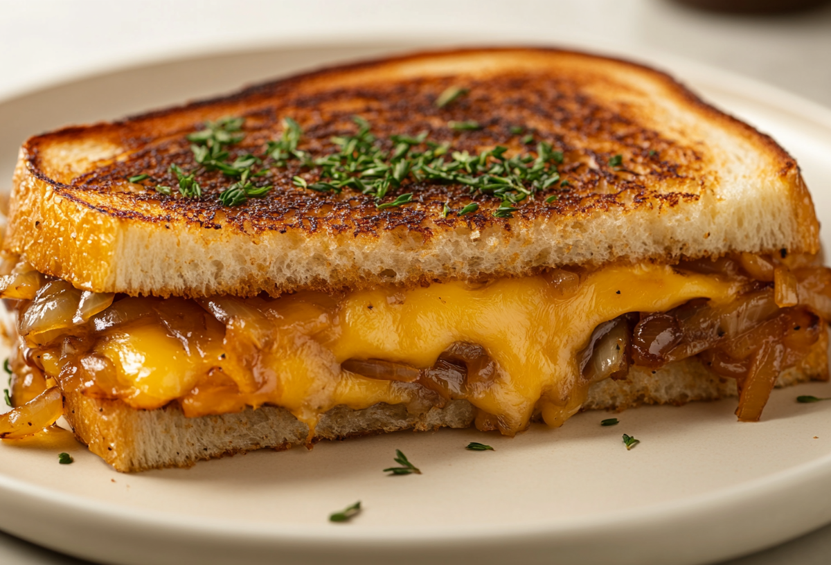 Grilled-Cheese-Sandwich mit Balsamico-Zwiebeln auf einem Teller, bestreut mit KrÃ¤utern.